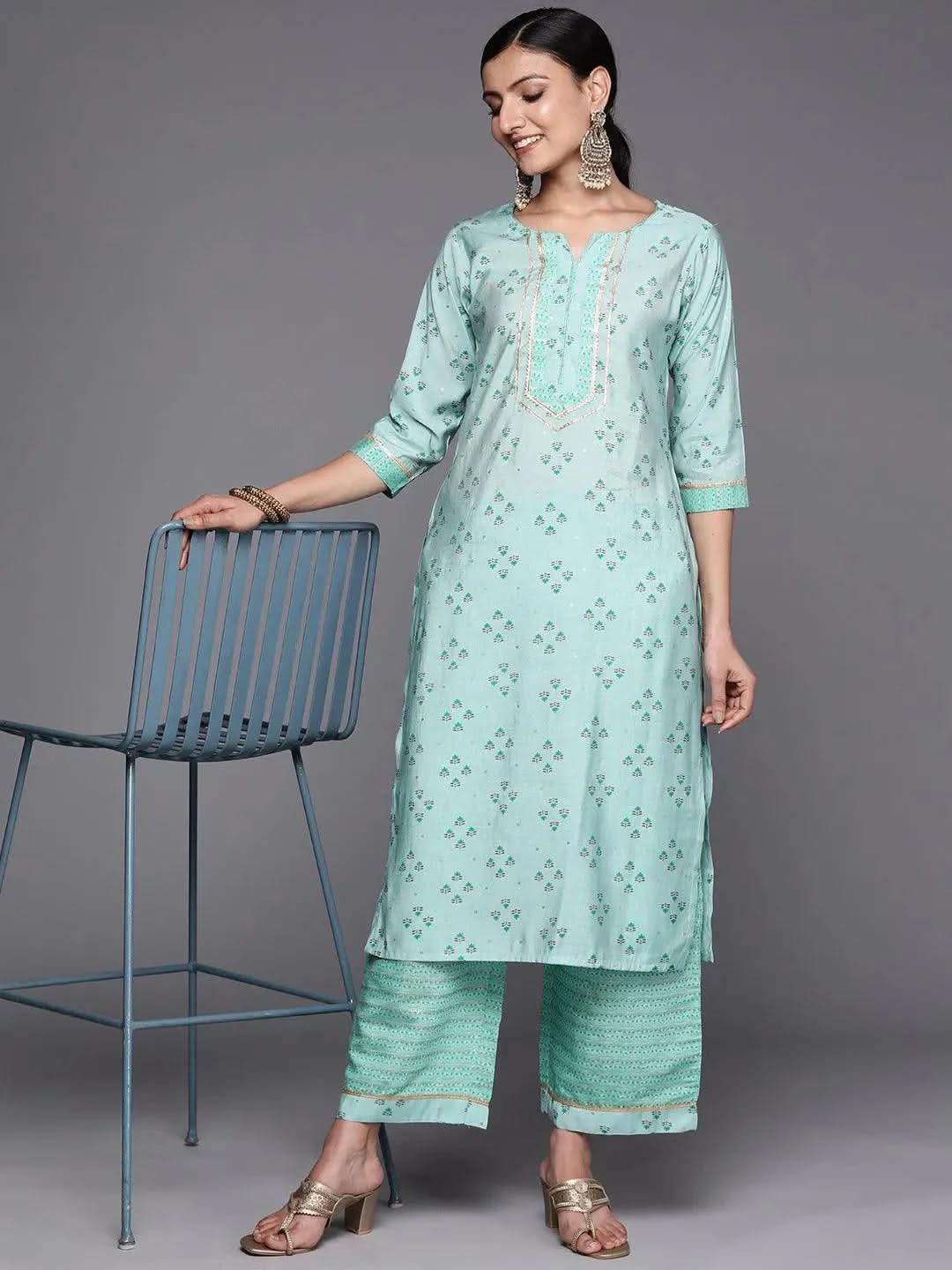 Blue Floral Print Cotton Kurta Set with Palazzo Pants