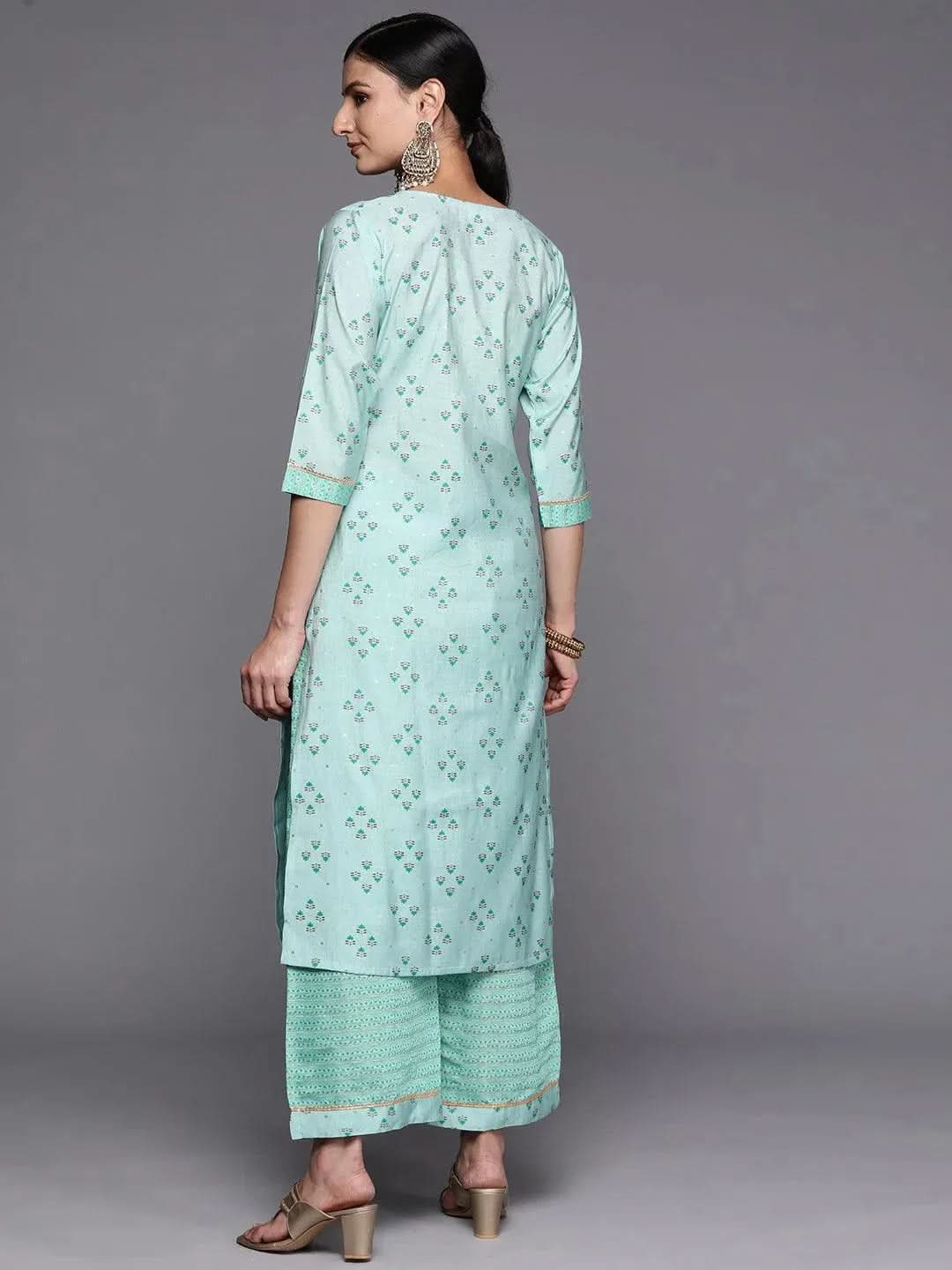 Blue Floral Print Cotton Kurta Set with Palazzo Pants