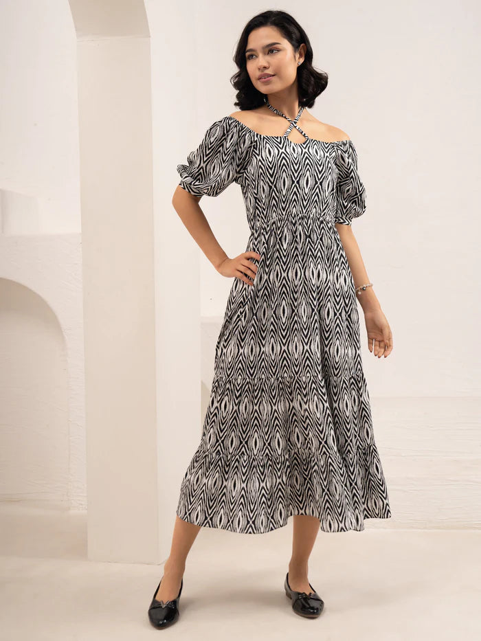 Black Printed Crush Crepe Tiered Midi