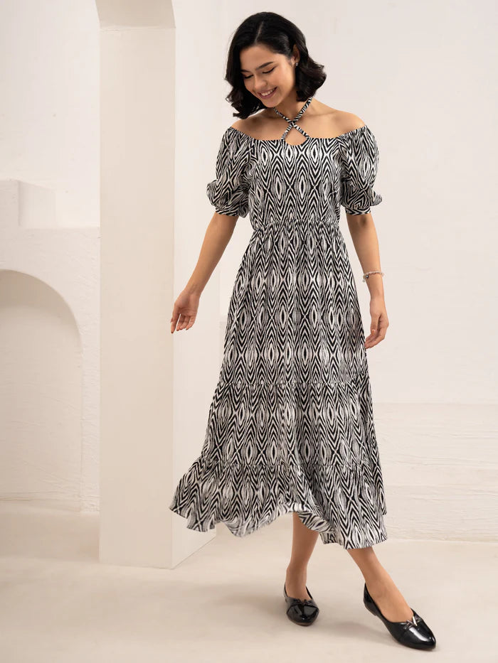 Black Printed Crush Crepe Tiered Midi