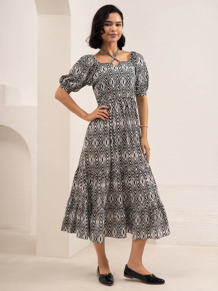Black Printed Crush Crepe Tiered Midi
