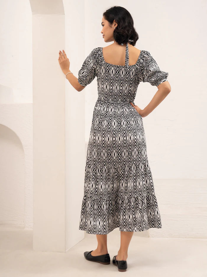 Black Printed Crush Crepe Tiered Midi