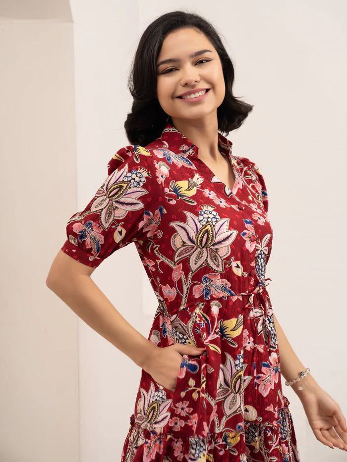 Maroon Printed Crush Crepe Fit and Flare