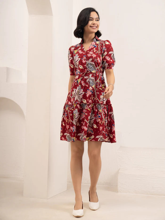 Maroon Printed Crush Crepe Fit and Flare