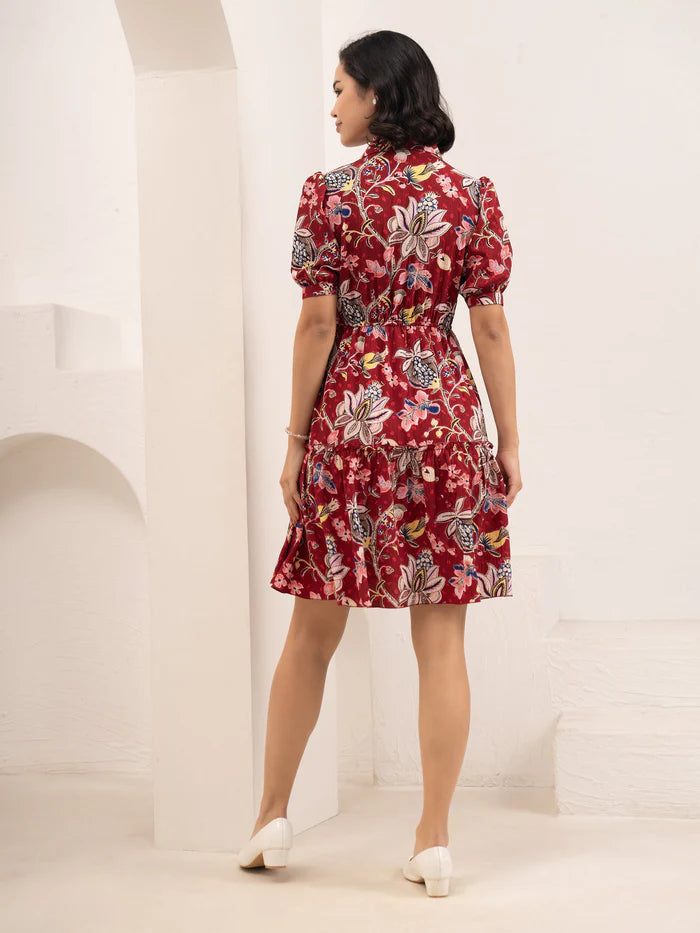 Maroon Printed Crush Crepe Fit and Flare