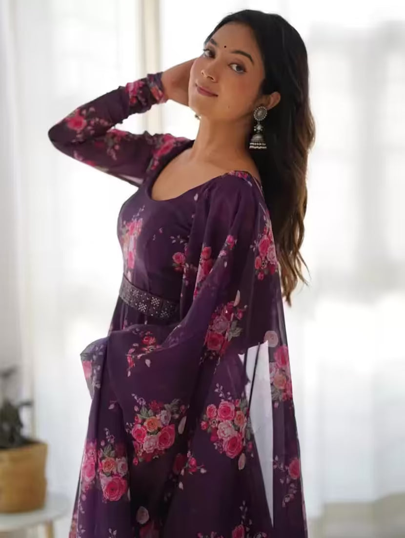 Arshiya Purple Georgette Floral Kurta Dupatta Set